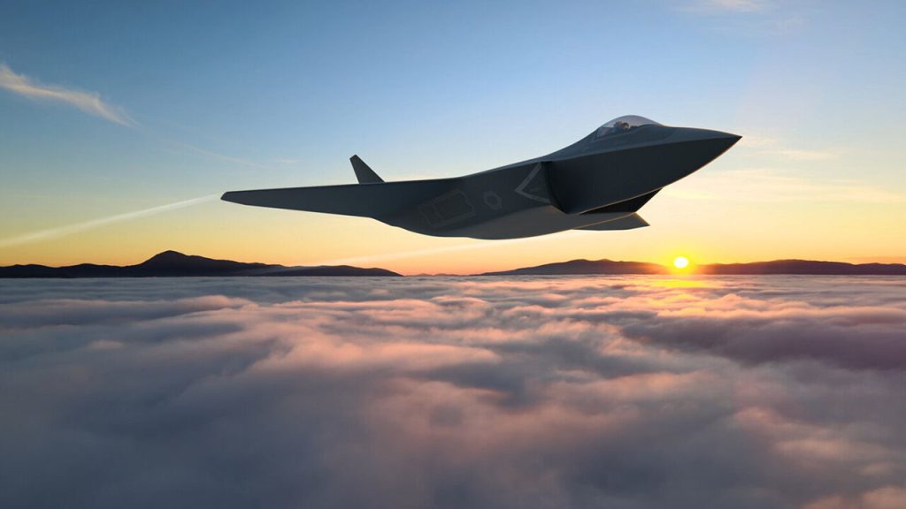 A simulation of the GCAP fighter jet flying at sunrise