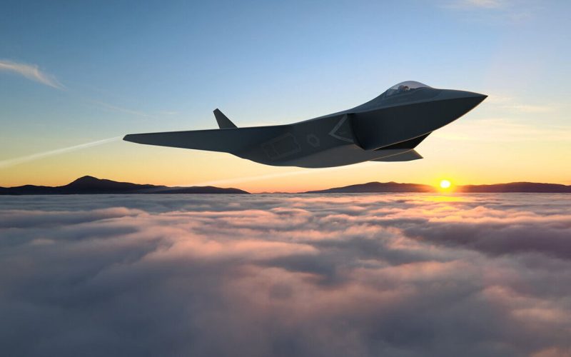 A simulation of the GCAP fighter jet flying at sunrise